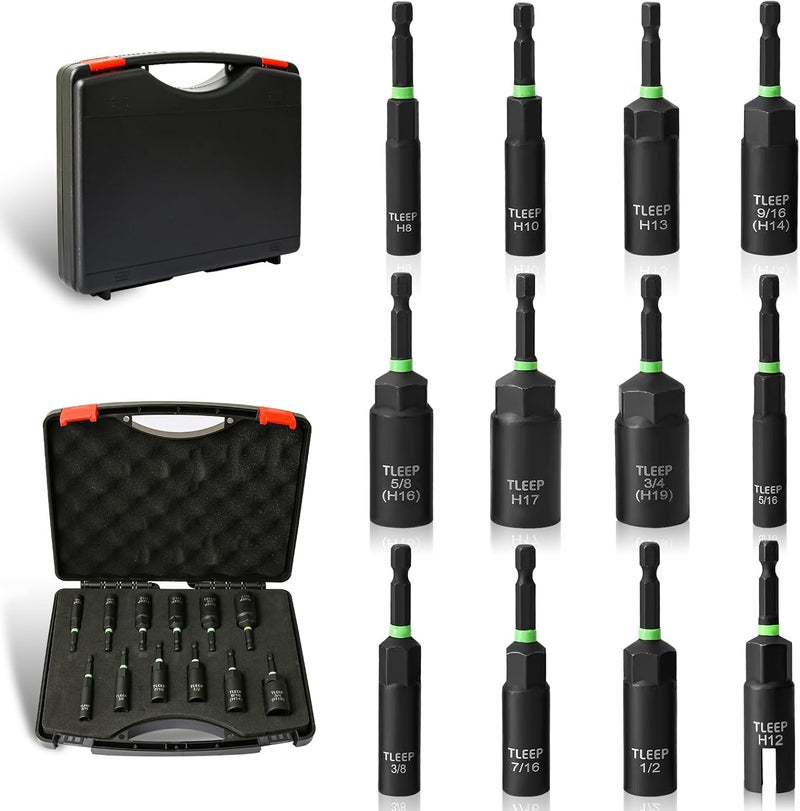 TLEEP Deep Nut Driver Set for Impact Drill w/Wing Nut Driver Bit, Sae/Metric 80MM Deep Nut Driver Bits, 1/4" Quick Change, 8mm 10mm 13mm 9/16”(14mm) 5/8”(16mm) 17mm 3/4”(19mm) 5/16” 3/8” 7/16” 1/2” - Image 1